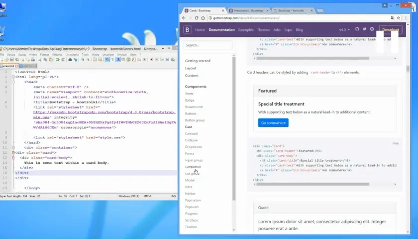 Kod HTML i CSS na ekranie pokazują, jak zacząć stronę HTML z użyciem Bootstrap. Widoczny jest edytor kodu i przeglądarka z dokumentacją.