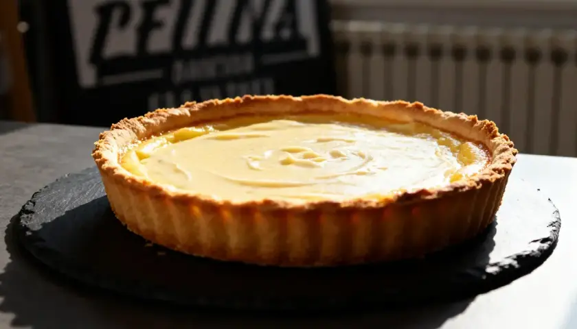 Flan pâtissier on a pâte feuilletée or brisée, with a creamy custard filling, ready to be enjoyed.