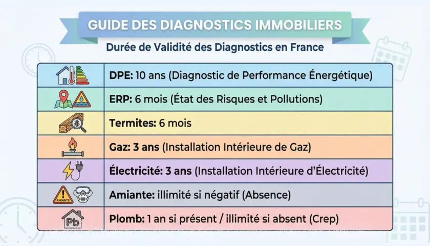 Guide des diagnostics immobiliers pour la vente d'une maison : durées de validité du DPE, ERP, termites, gaz, électricité, amiante et plomb.