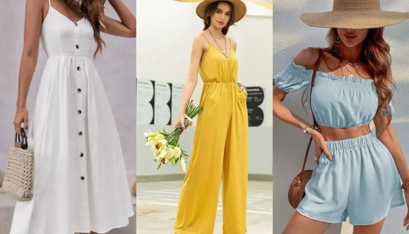 Tres looks de outfits verano mujer: vestido blanco, mono amarillo y conjunto azul.