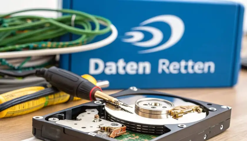 Werkzeug und Kabel liegen bereit, um eine defekte Festplatte zu klonen und Daten zu retten.