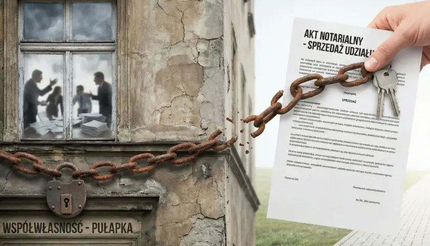 Akt notarialny "Sprzedaż udziału" z kluczami i zerwanym łańcuchem symbolizuje problem, czy można sprzedać współwłasność bez zgody współwłaściciela.