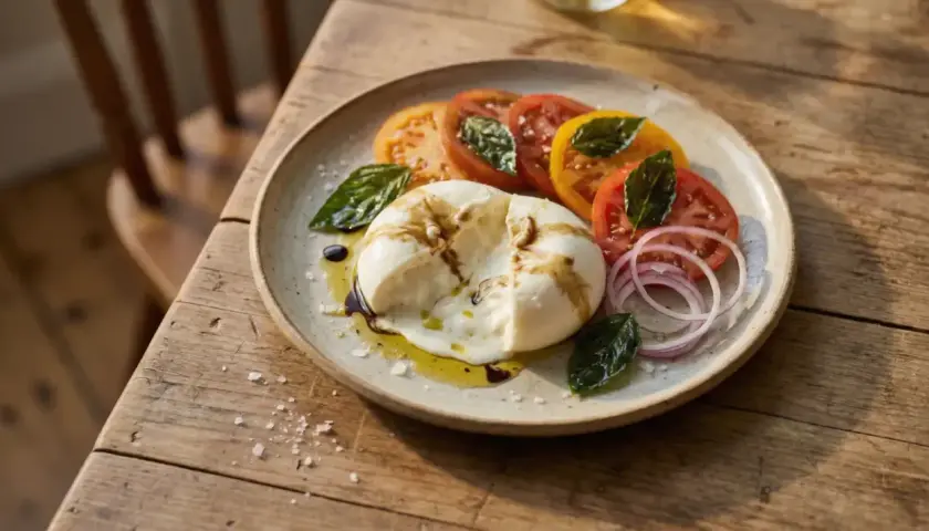En krämig burrata med tomater, rödlök och basilika. Perfekt för den som är gravid och längtar efter något gott och fräscht.