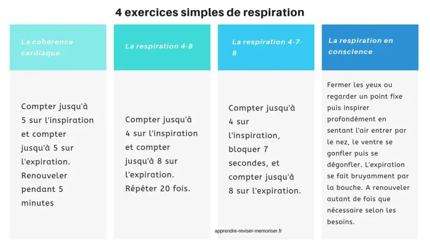 Les 4 types de respiration : cohérence cardiaque, respiration 4-8, 4-7-8, et en conscience. Instructions détaillées pour chaque exercice.