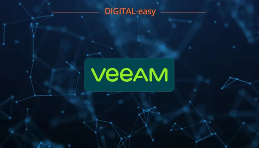 Veeam Agent Logo auf dunklem Hintergrund mit digitalen Netzwerken. DIGITAL-easy.