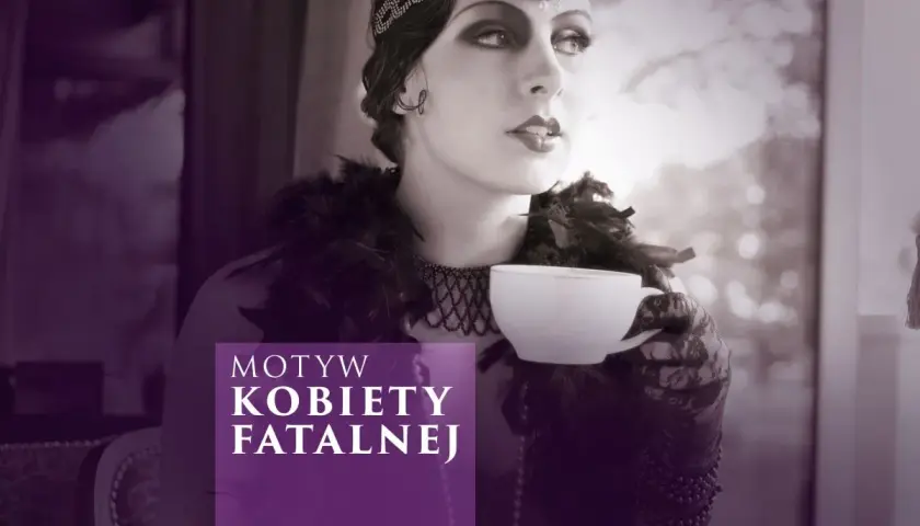 Kobieta w stylu retro z filiżanką kawy, symbolizująca motywy działania femme fatale w literaturze noir i kryminale.