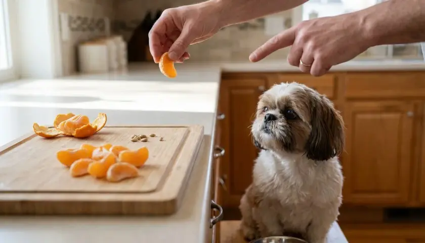 Czy pies może jeść mandarynkę? Mały piesek Shih Tzu patrzy z nadzieją na rękę trzymającą kawałek mandarynki.
