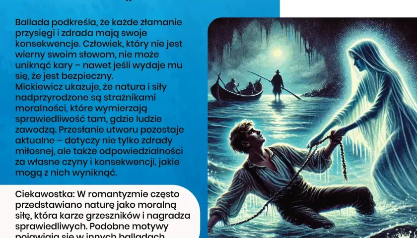 Mężczyzna w wodzie, wciągany przez świetlistą postać, nawiązanie do ballady "Świtezianka". W tle łódź.