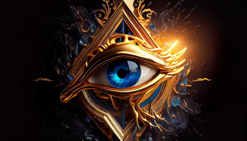 Ojo de Horus dorado y azul, símbolo de protección y poder. Su significado espiritual es profundo, representando la visión divina y la sanación.