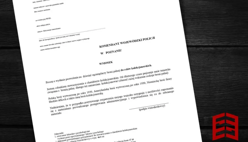 Wniosek o pozwolenie na broń kolekcjonerską do Komendanta Wojewódzkiego Policji w Poznaniu. Dokumenty zawierają dane wnioskodawcy i cel kolekcjonerski.