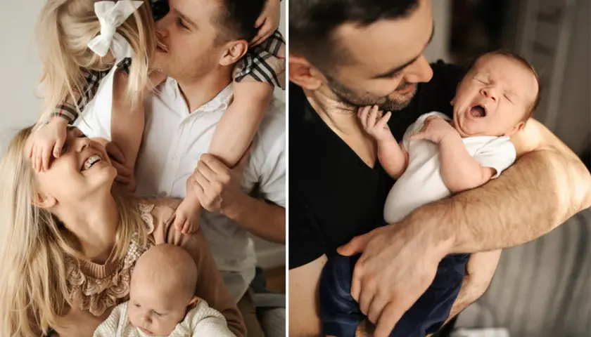 Rodzina podczas sesji noworodkowych: ojciec z dzieckiem na rękach, matka z córką i niemowlęciem.