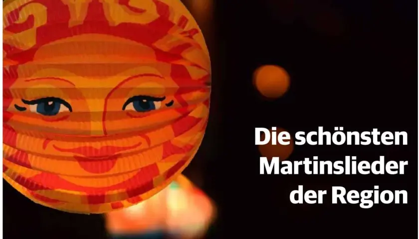 Ein leuchtender Martinslaternen-Sonnenkopf mit Text: "Die schönsten Martinslieder der Region".