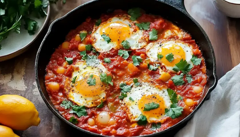 En gjutjärnspanna med ett smakligt shakshuka recept. Ägg pocherade i en kryddig tomatsås med kikärtor och färsk koriander.