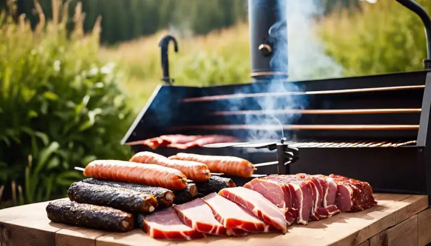 Saucisses, poisson et viande prêts pour le fumage à froid dans un fumoir extérieur. La fumée s'échappe du conduit.