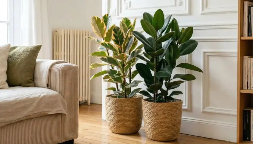 Deux ficus, l'un panaché, l'autre vert foncé, dans des paniers en osier. Parfait pour un entretien ficus dans un salon cosy.