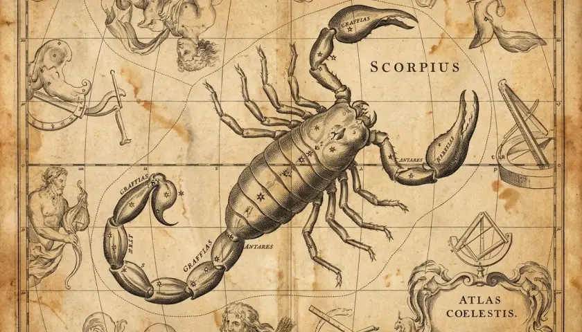 Starożytna mapa nieba z konstelacją Skorpiona. Słońce w Skorpionie, otoczone mitologicznymi postaciami i instrumentami astronomicznymi.
