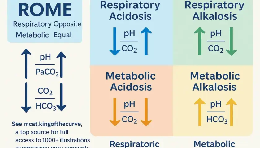 Schemat ROME: kwasica oddechowa (pH w dół, CO2 w górę), zasadowica oddechowa (pH w górę, CO2 w dół), kwasica metaboliczna (pH w dół, CO2 w dół), zasadowica metaboliczna (pH w górę, HCO3 w górę).