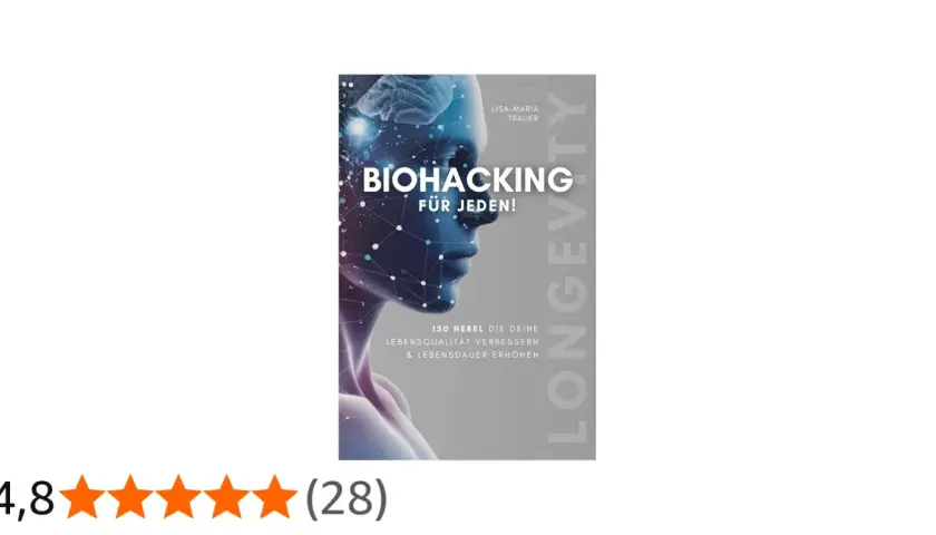 Buchcover: "Biohacking für jeden!" mit stilisiertem Kopf und Gehirn. Erfahre, was Biohacking ist und wie du deine Lebensqualität verbesserst.
