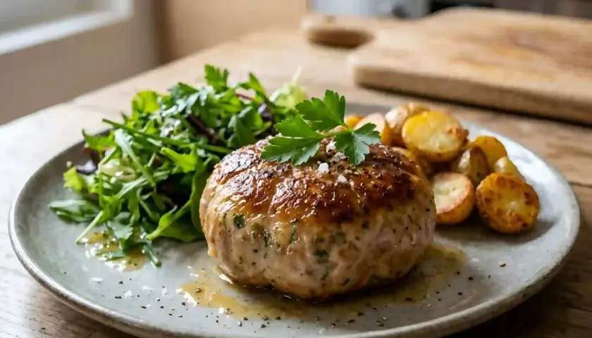 Une savoureuse crepinette de porc, dorée et juteuse, accompagnée de pommes de terre rôties et d'une salade verte fraîche.