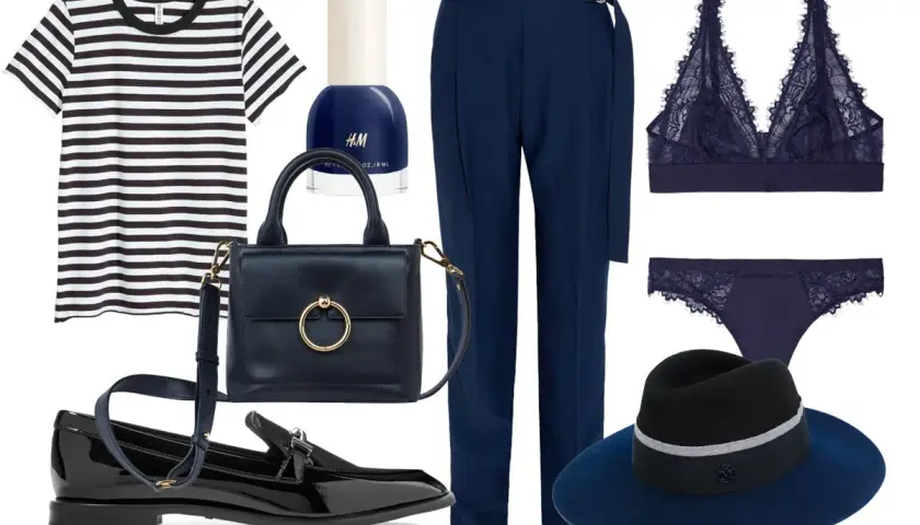 Conjunto elegante en azul marino y negro: camiseta a rayas, pantalón de vestir, lencería de encaje, bolso, zapatos y sombrero.