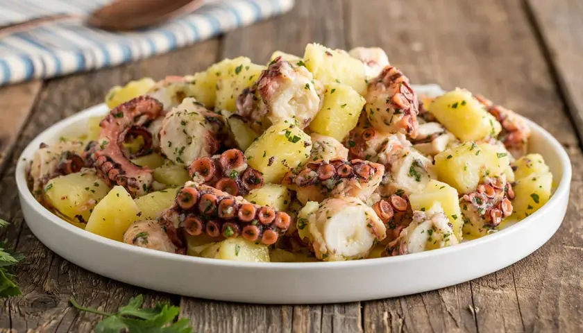 Insalata polpo e patate, un piatto saporito con tentacoli di polpo succulenti e patate morbide, condito con prezzemolo fresco.