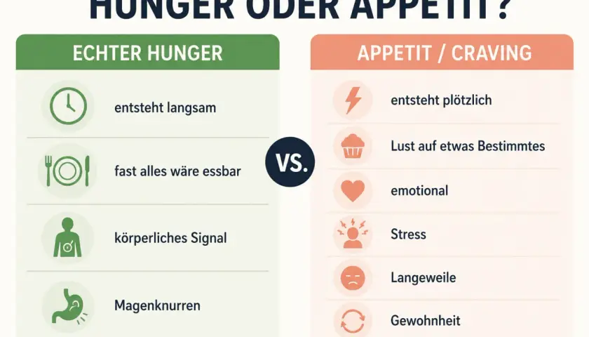 Gegenüberstellung von echtem Hunger (langsam, körperlich, Magenknurren) und Appetit (plötzlich, emotional, Stress, Gewohnheit). Hilft bei nächtlichem Hunger.