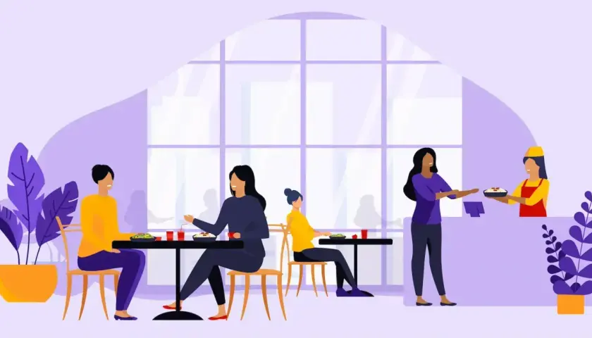 Szukasz najlepszych firm oferujących catering dla biur w dużych miastach? W tej ilustracji widzimy ludzi jedzących w restauracji, co może być inspiracją.