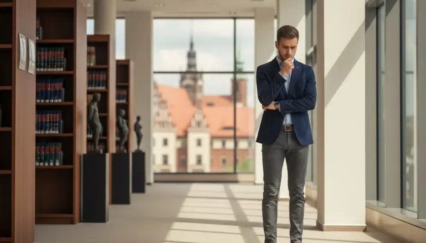 Młody prawnik zastanawia się, ile trwają studia prawnicze, stojąc w bibliotece z widokiem na zabytkowe budynki.