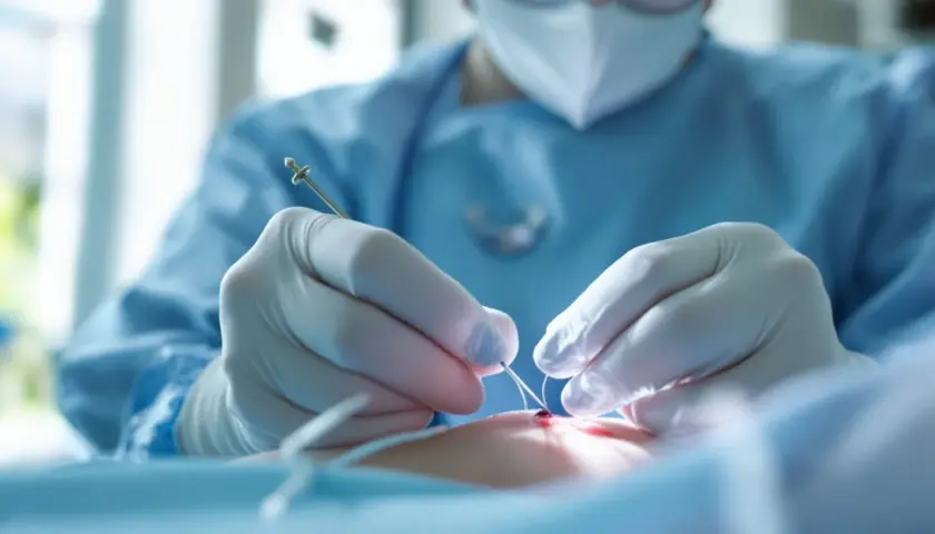 Mains gantées d'un chirurgien suturant une plaie avec précision. Le nombre de point de suture par cm est crucial pour une guérison optimale.
