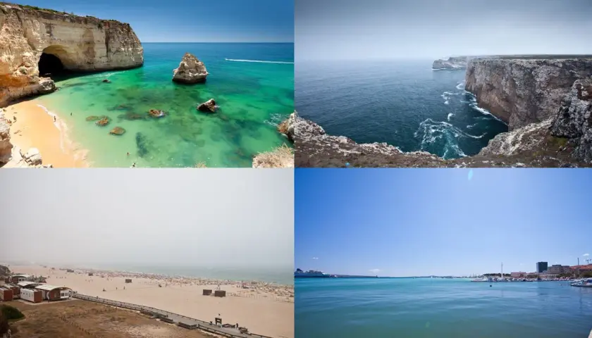 Piękne zdjecia z wakacji: plaża z jaskinią, klify, zatłoczona plaża i port z widokiem na miasto.