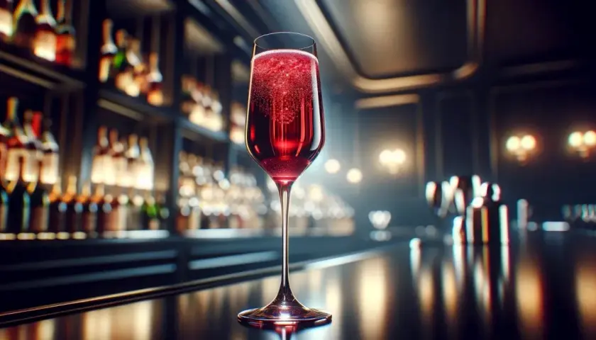 Elegancki kielich z musującym Kir Royale, w tle bar pełen butelek.