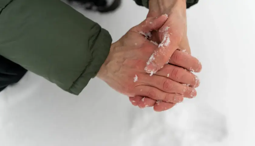 Händer med snö på, som gnuggas mot varandra för att värma upp torra handflator.