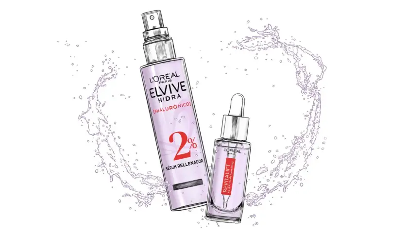 Elvive Hidra Hialurónico sérum como usar: dos productos L'Oréal con ácido hialurónico, uno en spray y otro con cuentagotas, rodeados de salpicaduras de agua.