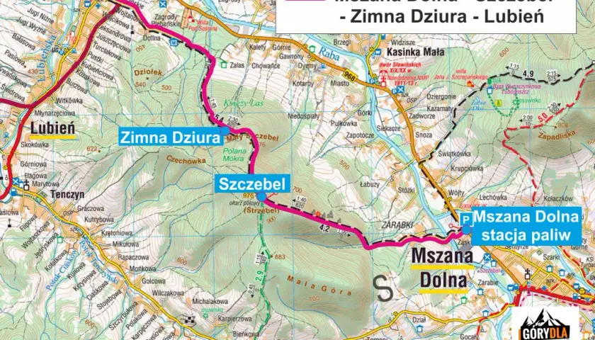 Trasa Mszana Dolna - Szczebel - Zimna Dziura - Lubień. Mapa turystyczna z zaznaczonymi szlakami i miejscowościami.
