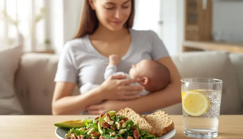 Mama z dzieckiem na rękach, karmienie piersią. Na stole sałatka, pieczywo i woda z cytryną.