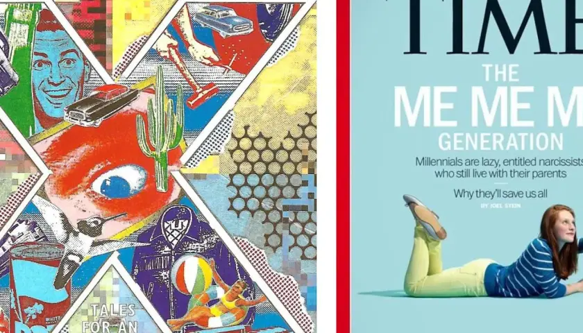 Konstverk och Time Magazine-omslag som utforskar olika generationer och årtal. Ett collage med popkonst och en artikel om "Me Me Generation".