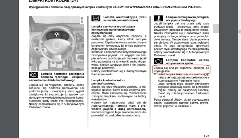 Kontrolka awarii elektroniki silnika Dacia zapala się po włączeniu zapłonu, a następnie gaśnie. Jeśli świeci się ciągle, skontaktuj się z serwisem.
