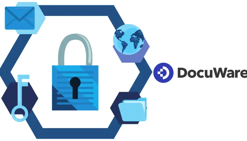 Un coffre fort numérique obligatoire pour sécuriser vos données. Icônes de clé, cadenas, globe, enveloppe et dossier. Logo DocuWare.