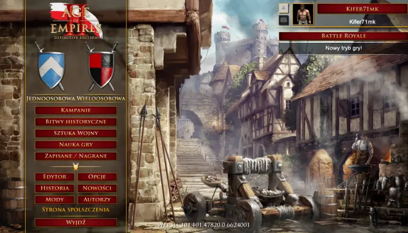 Menu gry Age of Empires DE z polskim spolszczeniem, widok na średniowieczne miasto.