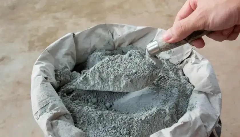 Łopata nabiera suchy beton. Kluczowe są właściwe proporcje do uzyskania mocnej mieszanki.