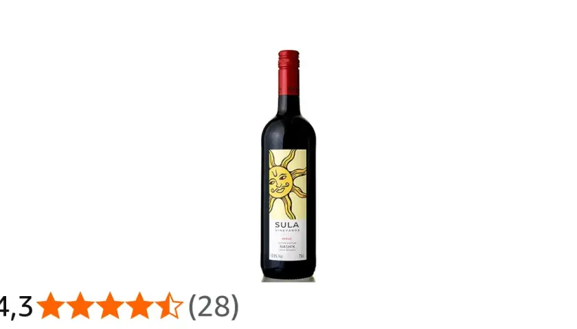 Sula Shiraz, ein **Wein zu indischem Essen**, mit einem sonnigen Etikett und 4,3 Sternen Bewertung.