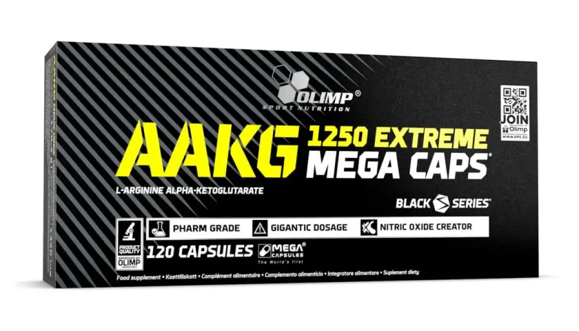 Opakowanie Olimp AAKG 1250 Extreme Mega Caps, suplement diety z L-argininą, wspierający produkcję tlenku azotu (nox).