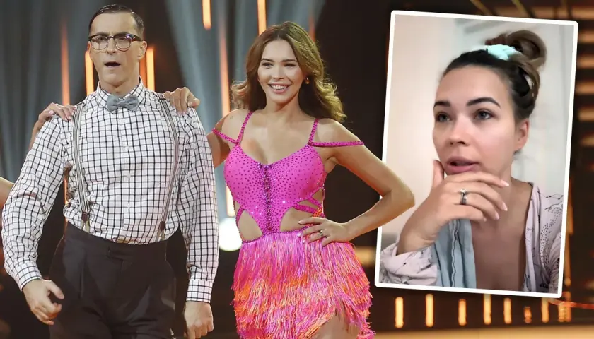 Sandra Kubicka w błyszczącej kreacji na parkiecie "Tańca z Gwiazdami", obok partnera w okularach i szelkach. W rogu ujęcie Sandry w domowym wydaniu.
