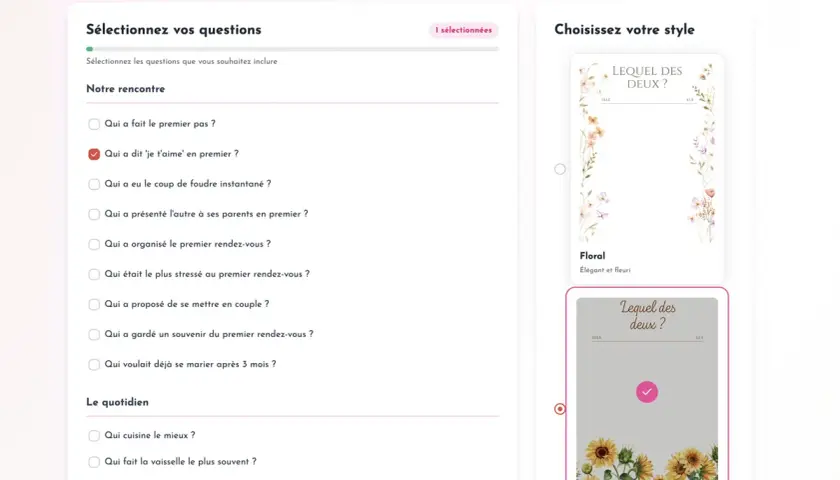 Interface de sélection de questions pour un questionnaire destiné aux futurs mariés, avec des options comme "Qui a dit 'je t'aime' en premier ?" et des styles de design.
