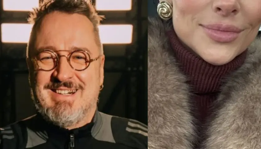 Piotr Kędzierski z żoną, uśmiechnięty mężczyzna w okularach i fragment twarzy kobiety w futrze.