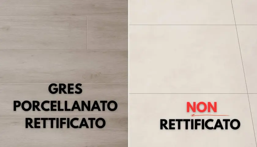 Gres porcellanato rettificato vs. non rettificato. Le piastrelle seconda scelta con difetti possono presentare variazioni.