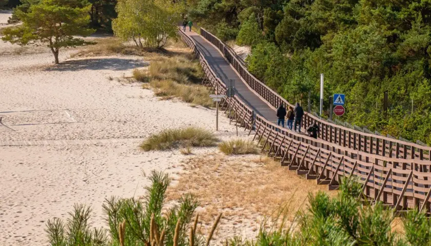 Drewniany deptak w Grzybowie, otoczony sosnowym lasem i piaszczystą plażą, to jedna z głównych atrakcji tej nadmorskiej miejscowości.