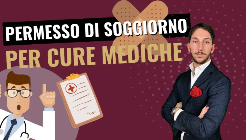 Permesso di soggiorno per cure mediche: un medico illustrato e un uomo in giacca spiegano come ottenerlo anche senza permesso.