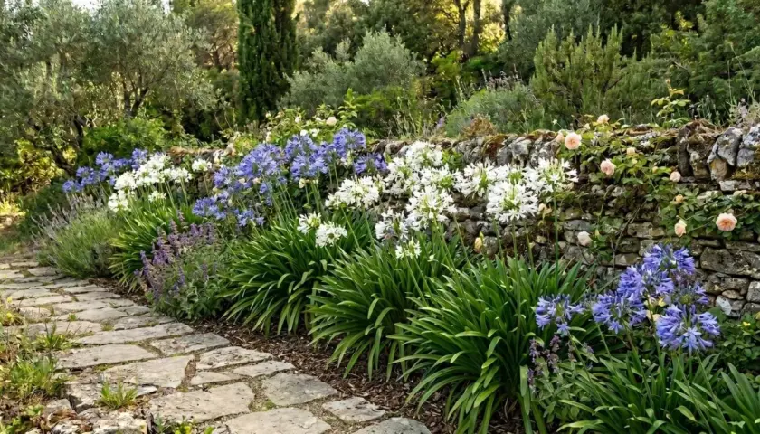 Magnifique jardin avec une allée en pierre bordée d'agapanthes en pleine floraison, bleues et blanches, et de roses grimpantes sur un mur de pierres.
