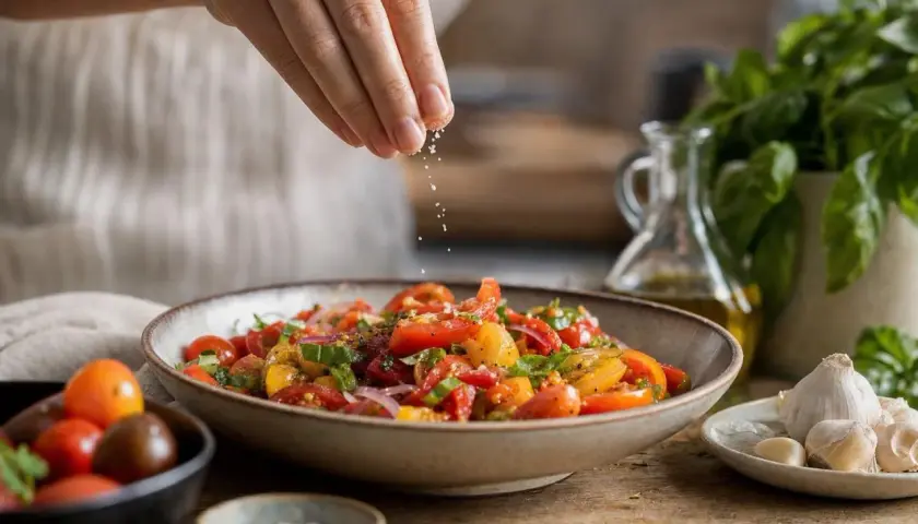 Une main sale du sel sur une salade de tomates colorée, garnie de basilic frais et d'oignons rouges.